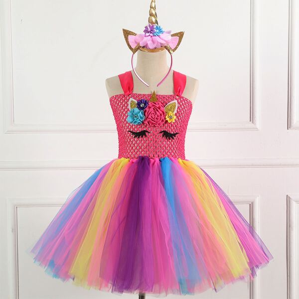 

Toddler Girls Appliques Mesh Panel Bodice Gown Dress & Headband, Multicolor
