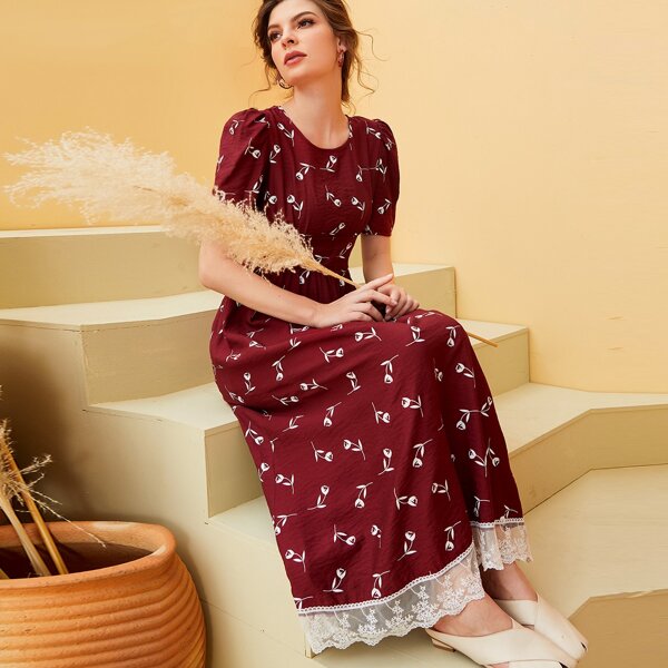 

Floral Print Puff Sleeve Contrast Lace A-line Dress, Burgundy