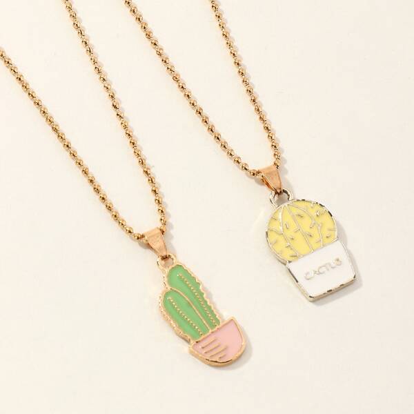

2pcs Cactus Charm Necklace, Multicolor