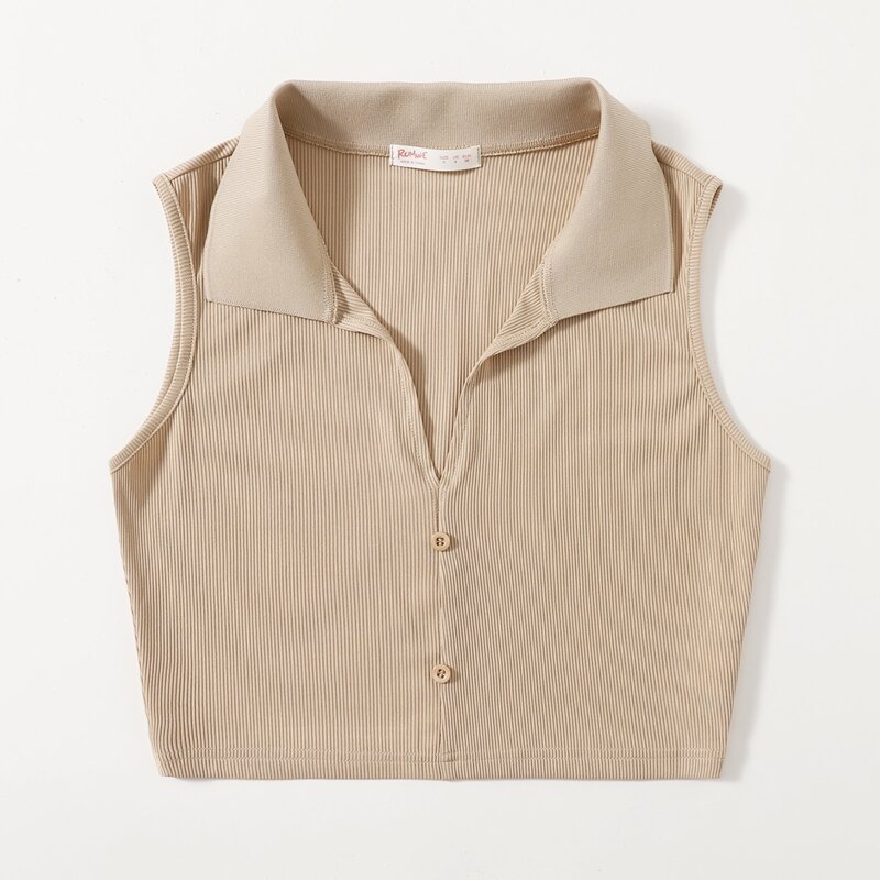 

Solid Button Front Ribbed Tank Top, Khaki