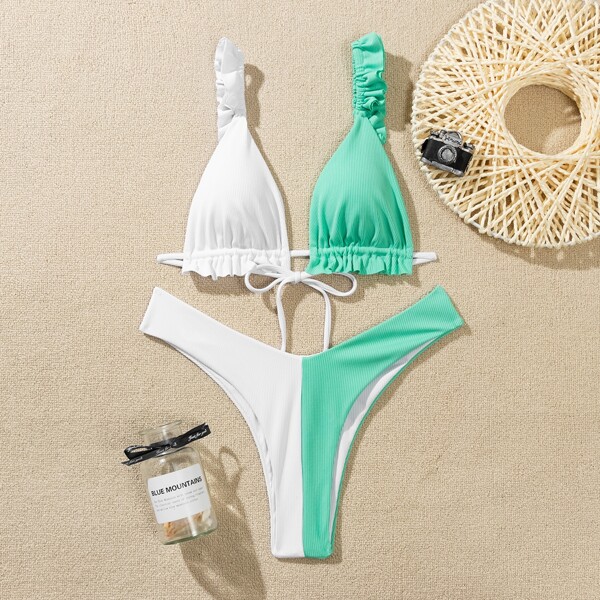 

Two Tone Rib Frill High Cut Bikini Swimsuit, Multicolor
