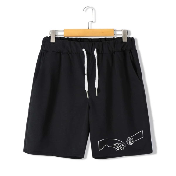 

Men Hand Print Drawstring Waist Track Shorts, Black