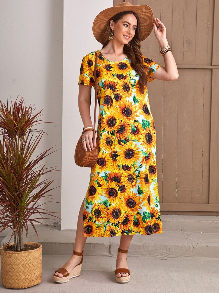 Allover Sunflower Print Lace Trim Belted Dress