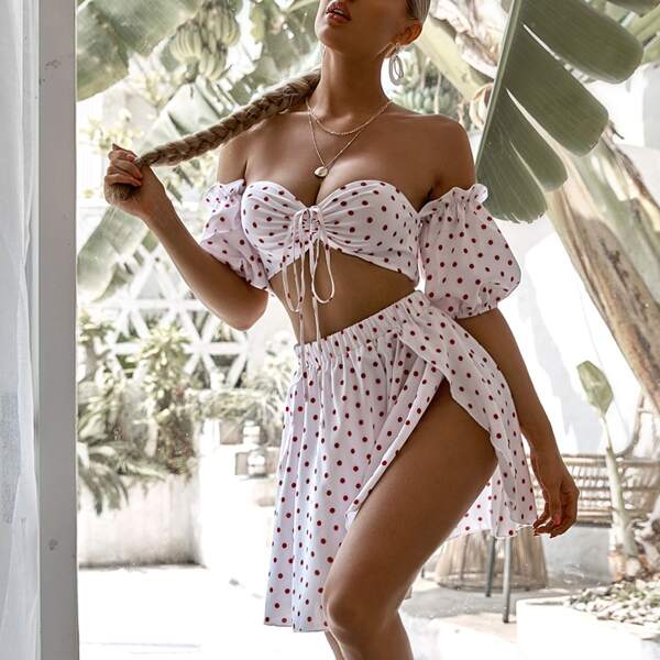 

Polka Dot Off Shoulder Top With Slit Skirt, White