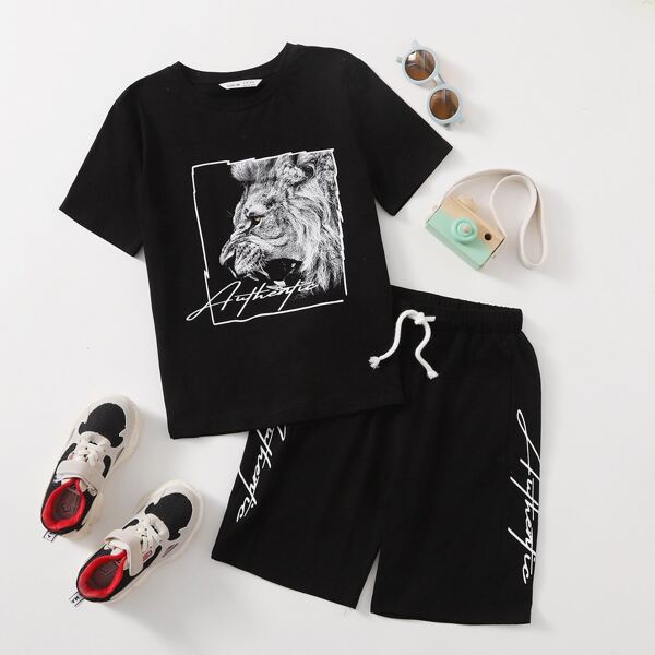 

Boys Letter & Lion Print Tee and Track Shorts Set, Black