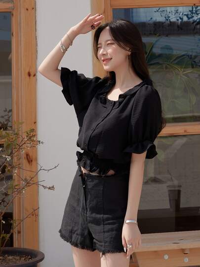 DAZY フラウンススリーブ シール ボタンアップ ブラウス