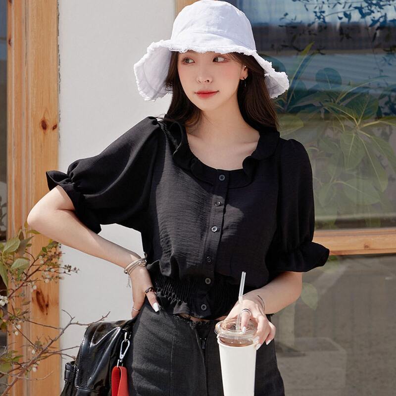 

Flounce Sleeve Shirred Button Up Blouse, Black