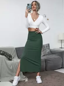 SHEIN Unity Solid Split Side Skirt Fall Cloth For Women - Dark Green - View 3