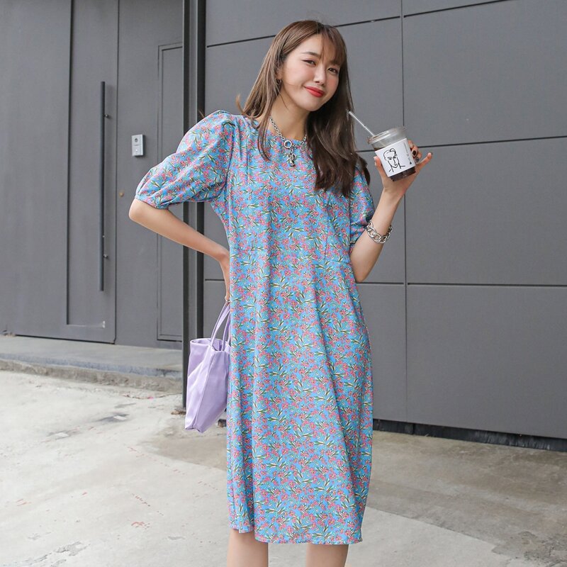 

Ditsy Floral Puff Sleeve Tunic Dress, Dusty blue
