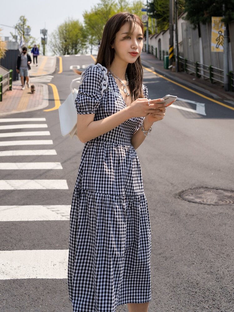 DAZY パフスリーブ ギンガムチェック ワンピース | SHEIN JAPAN