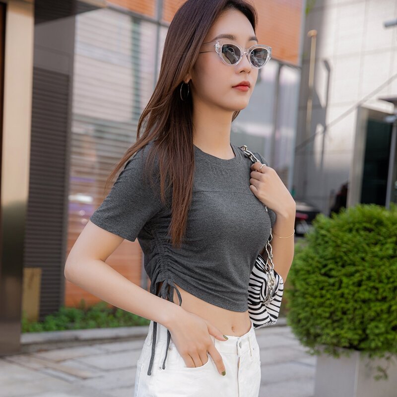 

Drawstring Side Crop Tee, Dark grey