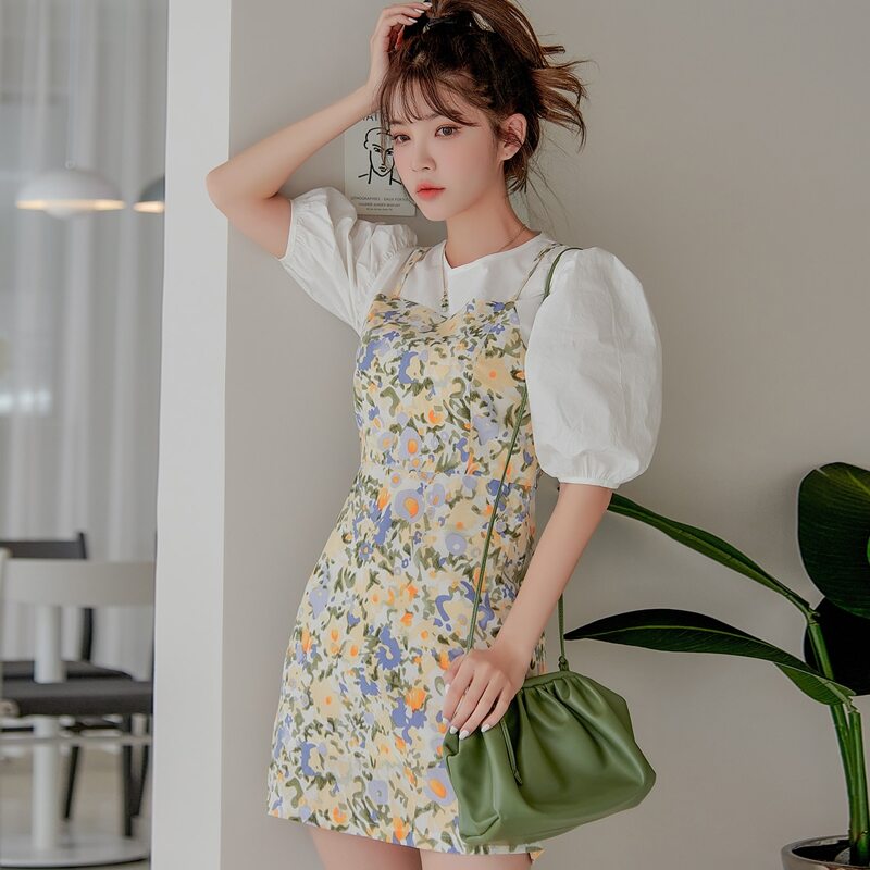 

2 In 1 Floral Print Puff Sleeve Dress, Multicolor