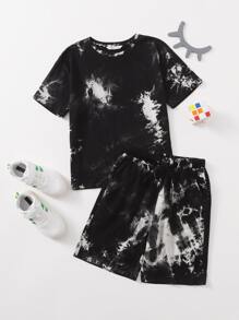 SHEIN Boys Tie Dye Tee & Track Shorts Set - Black - View 1