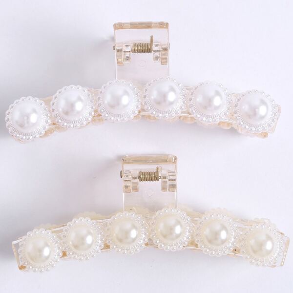 

2pcs Faux Pearl Decor Hair Claw, Multicolor