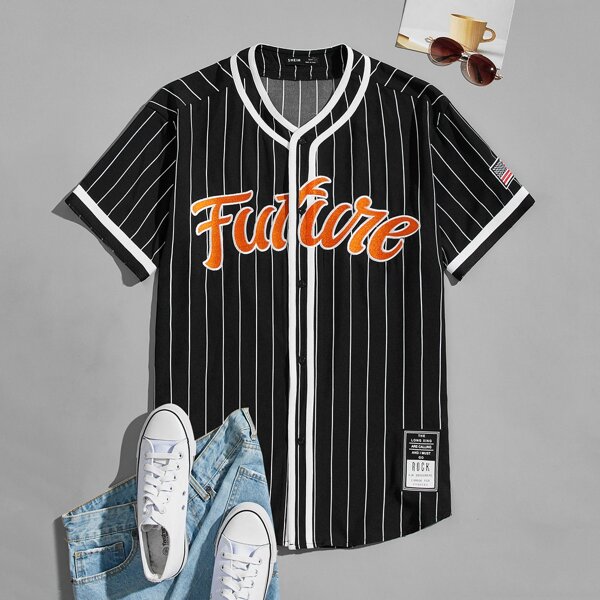 

Men Letter Embroidery Striped Shirt, Black