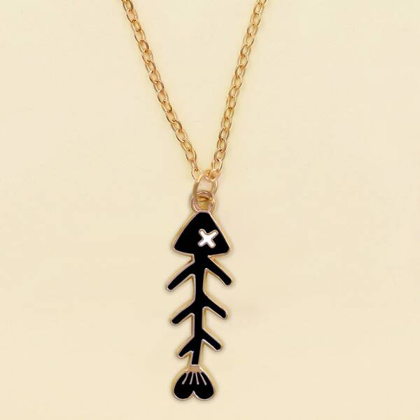 

Fish Bone Charm Necklace, Black
