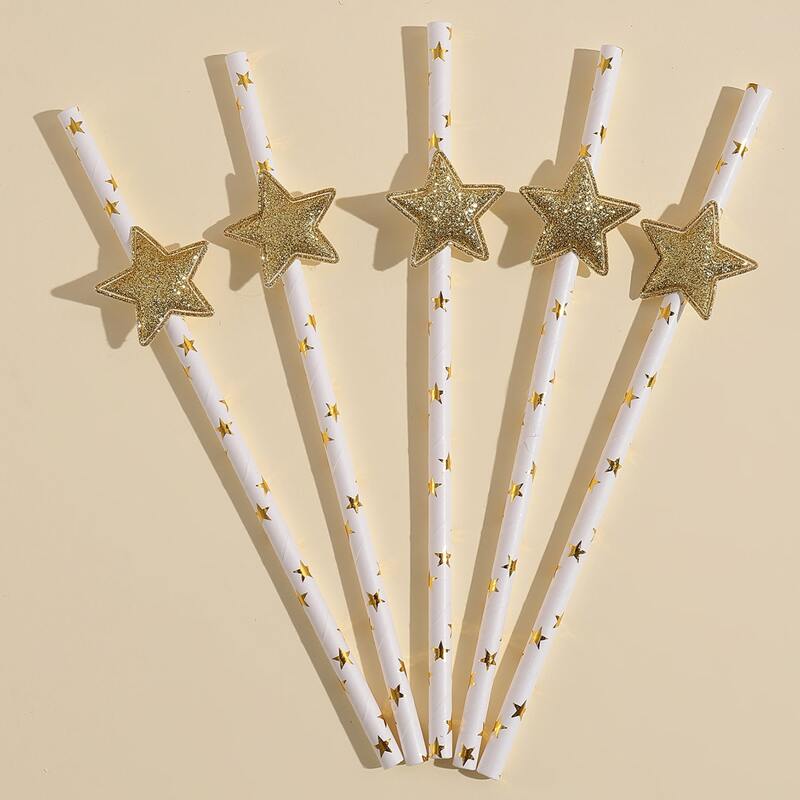 

5pcs Star Decor Disposable Paper Straw, Gold