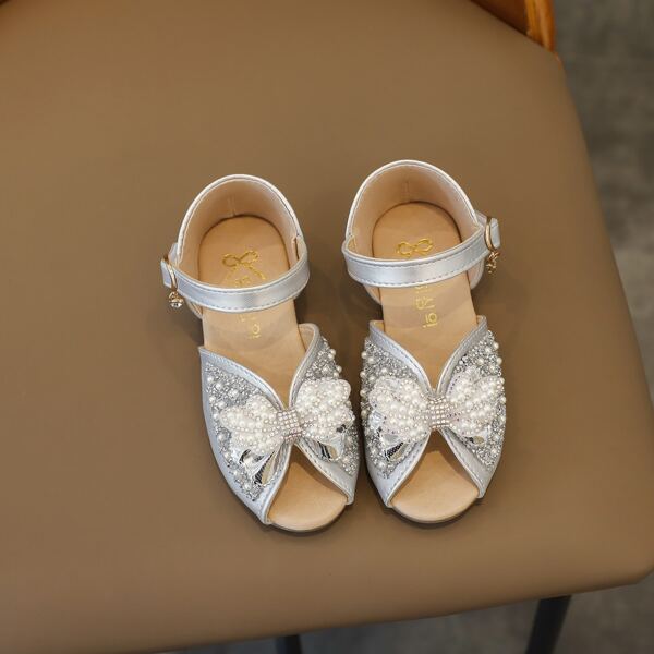 

Girls Peep Toe Rhinestone & Bow Decor Sandals, Silver