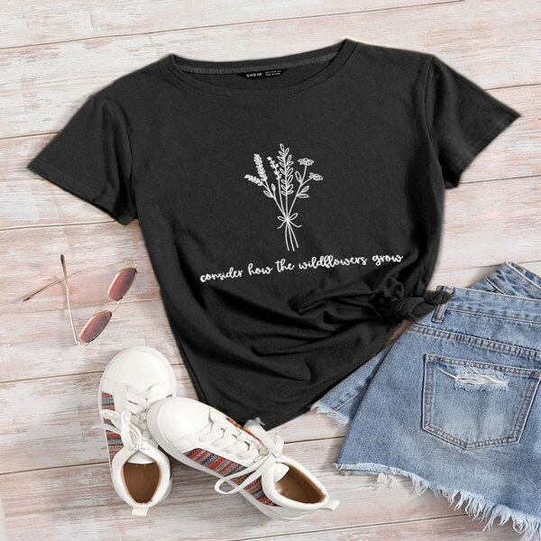 

Slogan And Plants Print Tee, Black