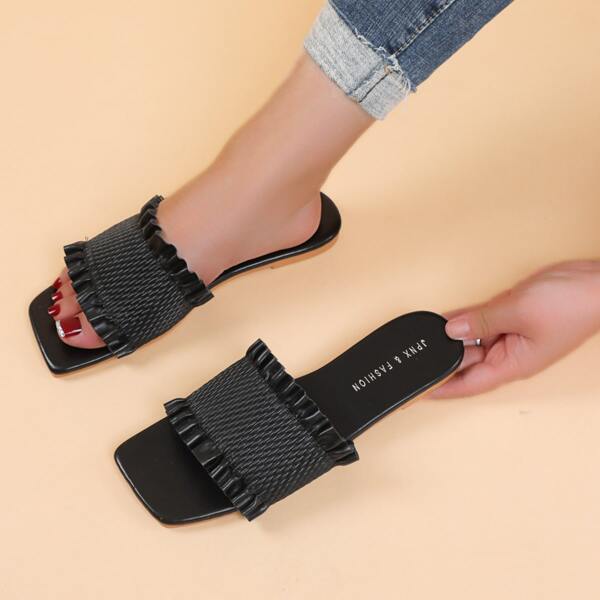 

Frill Trim Slide Sandals, Black