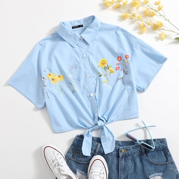 

Plus Tie Hem Floral Print Blouse, Baby blue
