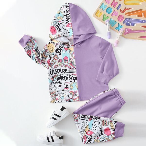 

Girls Cartoon And Letter Graphic Hoodie & Sweatpants, Multicolor