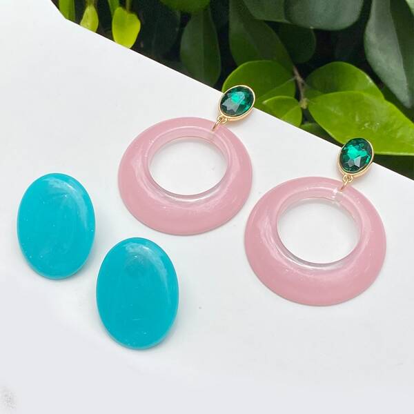 

2pairs Round Charm Geometric Design Earrings, Multicolor