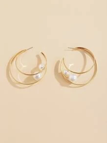 人造珍珠裝飾耳環 - 金黃色 - 查看 4