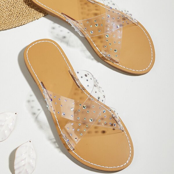 

Clear Rhinestone Decor Slide Sandals