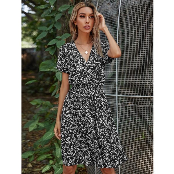 

Ditsy Floral Surplice Front A-line Dress, Black and white