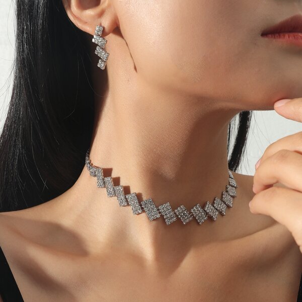 

Geometric Rhinestone Decor Necklace & 1pair Earrings, Silver