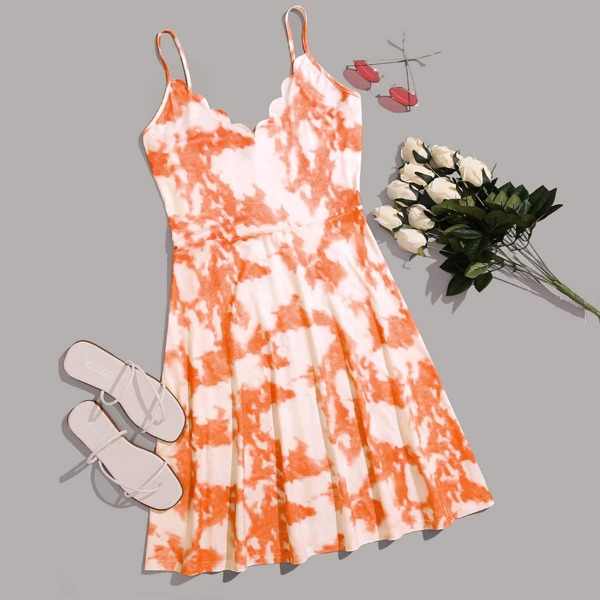 

Plus Tie Dye Scallop Trim Cami Dress, Orange