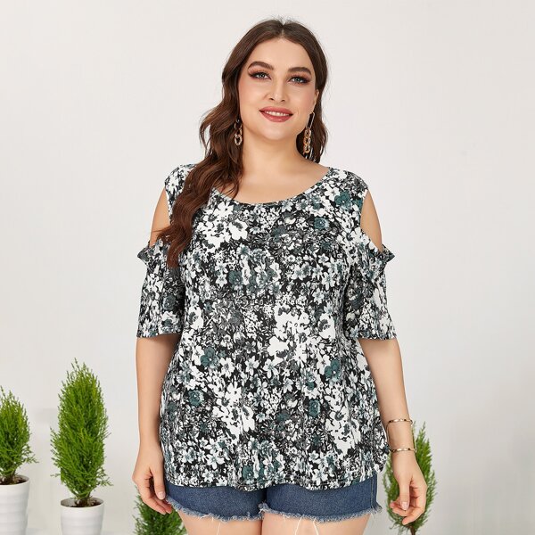 

Plus Allover Floral Cold Shoulder Tee, Multicolor