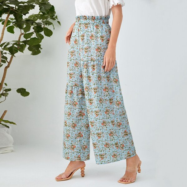 

Frill Trim Floral Print Wide Leg Pants, Multicolor