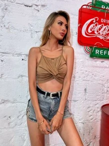 SHEIN Essnce 扭結短版吊帶上衣 - 棕色 - 查看 6