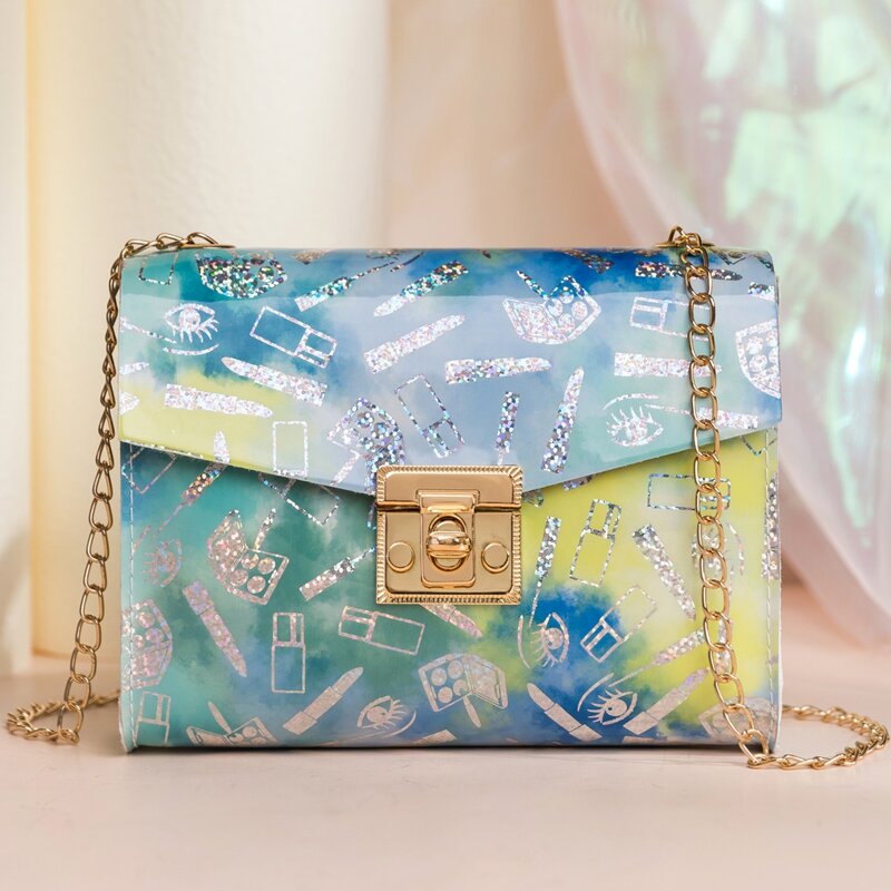 

Glitter Twist Lock Flap Chain Bag, Blue
