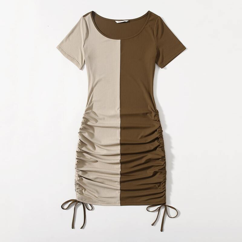 

Two Tone Drawstring Ruched Dress, Multicolor