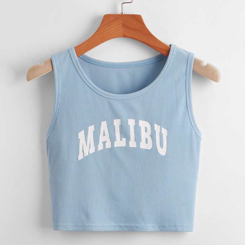 

Letter Ribbed Tank Top, Baby blue
