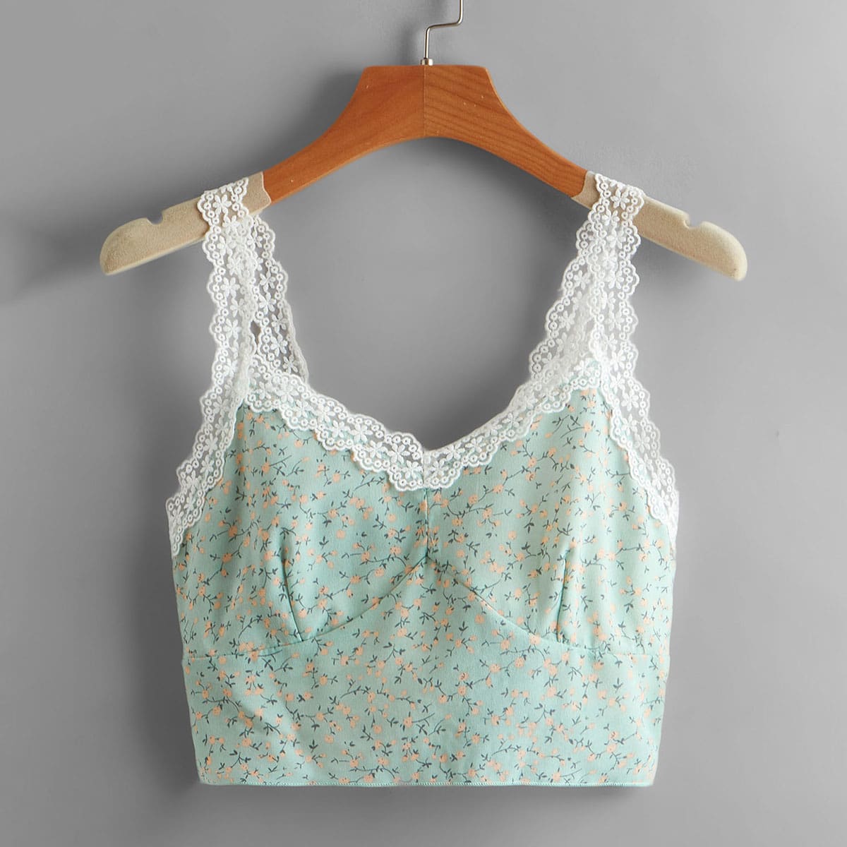 

Ditsy Floral Contrast Lace Shirred Cami, Green