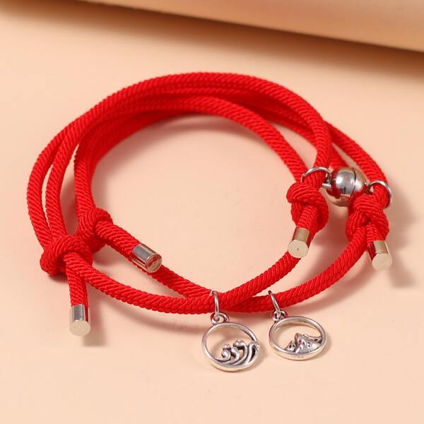 

2pcs Men Mountain & Wave Charm Bracelet, Red