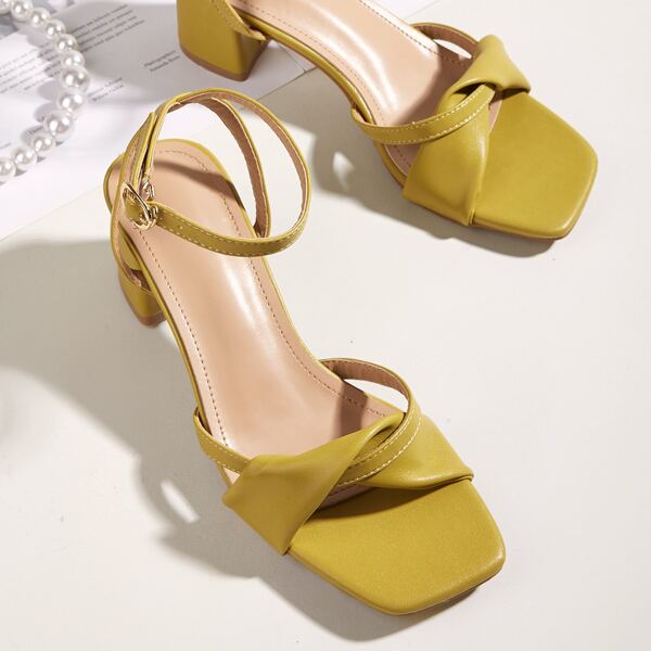 

Twist Front Ankle Strap Chunky Heeled Sandals, Mustard yellow