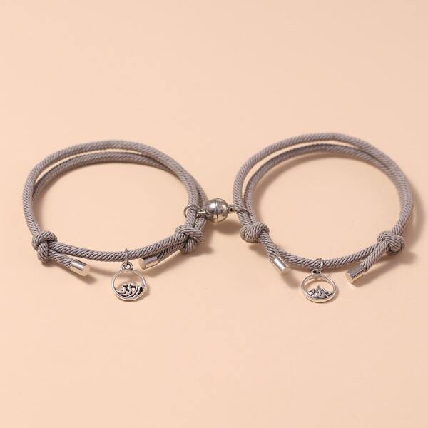

2pcs Men Mountain & Wave Charm Bracelet, Grey