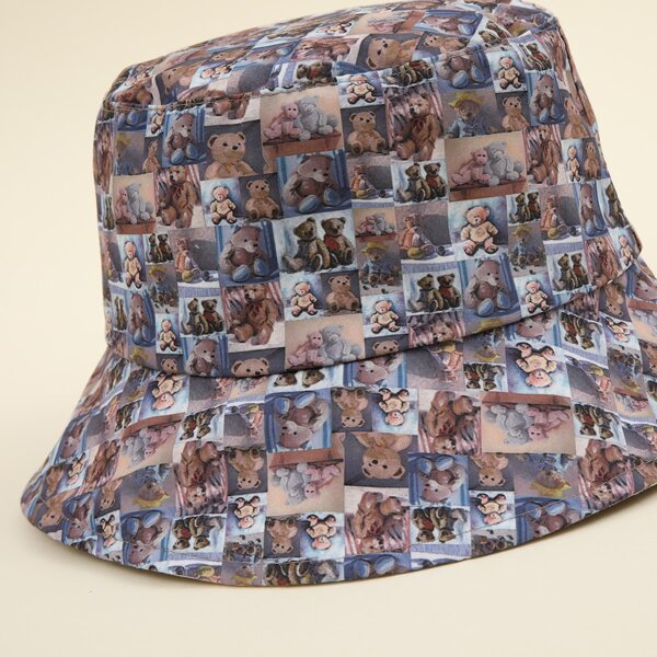

Cartoon Bear Graphic Reversible Bucket Hat, Multicolor