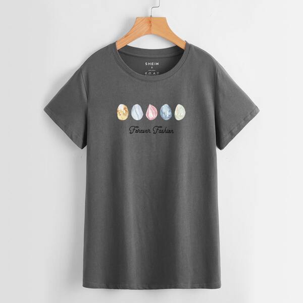 

Letter Graphic Crew Neck Tee, Dark grey