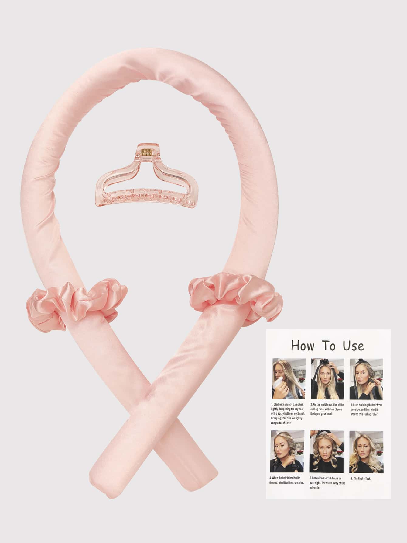 4Pcs Pink Heatless Hair Curler Set, No Heat Satin Ribbon Curling Rod Headband For Overnight Natural Waves, DIY Hair Styling Tools With Claw Clip & Scrunchies