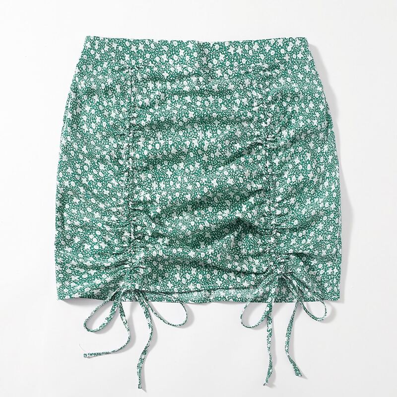 

Ditsy Floral Drawstring Ruched Skirt, Green