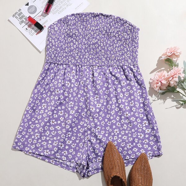 

Plus Ditsy Floral Shirred Tube Romper, Purple