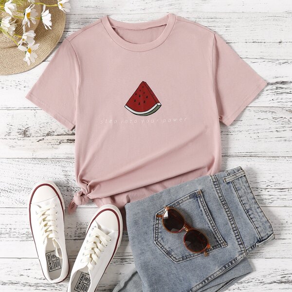 

Watermelon & Slogan Graphic Tee, Coral pink