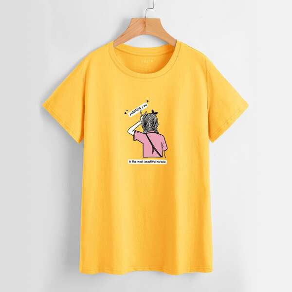 

Figure And Slogan Graphic Tee, Yellow