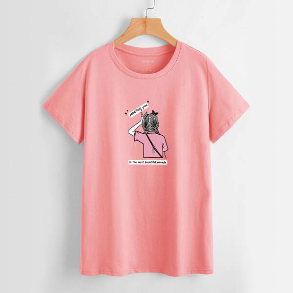 

Figure And Slogan Graphic Tee, Watermelon pink